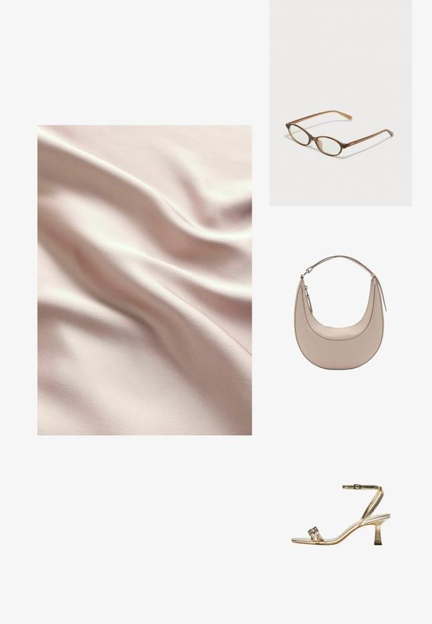 Tessuto di satin rosa chiaro con una trama liscia, caratterizzato da delicate ondulazioni e una sottile lucentezza. Cuciture visibili in tutto il tessuto.; Sandalo alto in metallo dorato con cinturino alla caviglia, due bande frontali strette e tacco a blocco. Presenta decorazioni ornamentali.; Occhiali tortoiseshell marroni con lenti ovali, aste sottili e dettagli trasparenti. Presentano un logo sottile sulla tempia. Design elegante e leggero.; Borsa a spalla in pelle beige con forma a mezzaluna, texture liscia e un'unica maniglia curva. Presenta una chiusura con zip e cuciture curate.