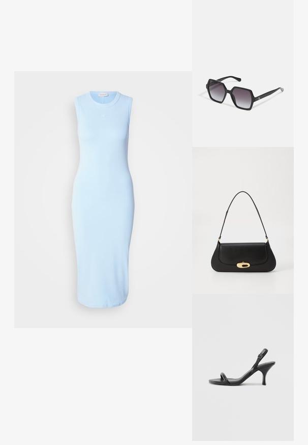 Hele sinine, ilma varrukteta midi kleit, mis on keha lähedal istuv ja valmistatud siledast kangast, millel on rindade piirkonnas diskreetne logo brodeeritud.; Mustad nahast kõrgete kontsadega sandaalid, millel on saledad, kõverad kontsad ja ristatud rihma disain. Reguleeritav pahkluu rihm. Sile tekstuur.; Mustad kuuekülgsed prillid gradueeritud läätsedega, millel on läikiv viimistlus ja peene bränding põlvel. Vastupidav plastikust konstruktsioon.; Mustroone nahast käekott kaarjate vormidega, kuldse tooni detailide ja ülemise käepideme ning sujuva sulgemise ja sileda tekstuuriga.