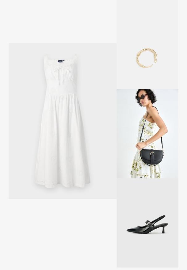 White dress with a square neckline, gathered waist, and a flared skirt. Features floral embroidery across the fabric and thin straps.; Black patent leather slingback heels with a pointed toe and a small block heel, featuring a silver buckle accent on the strap.; Black leather handbag with a curved shape, detachable strap, and gold hardware. The bag features a flap with a buckle detail.; Gold-tone ring featuring an organic, twisted design with smooth texture and tapered ends, creating a modern, sculptural appearance.