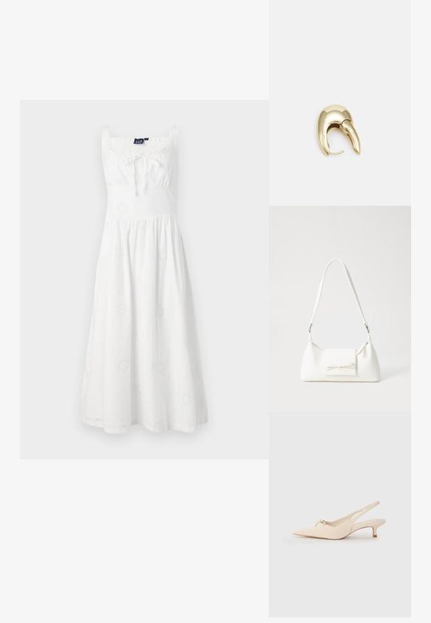 Weißes Kleid mit einem quadratischen Ausschnitt, geraffter Taille und ausgestelltem Rock. Verfügt über florale Stickereien auf dem Stoff und dünne Träger.; Spitze Slingback-Schuhe aus offwhite Leder mit einem kleinen Schleifendetail und einem niedrigen Kitten-Heel. Glatte Textur, minimalistisches Design.; Weiße synthetische Handtasche in dreieckiger Form, flache Vorderklappe und Schleifendetail, verstellbarer Trageriemen, glatte Textur und minimalistisches Design.; Ohrringe aus goldfarbenem Metall mit einem schlanken, geschwungenen Design. Sie verfügen über eine markante, spitze Form, eine polierte Oberfläche und einen Scharnierverschluss.