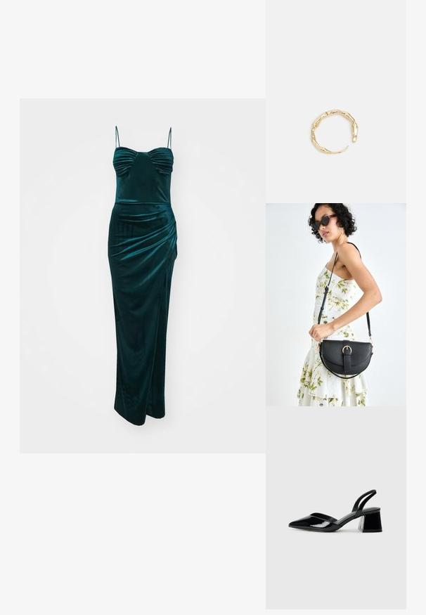 WAL G. VALERIE - Proginė apranga - dark teal blue; Juodos lakuotos odinės šlepetės su smailiu pirštu ir geometriniu bloko kulnu. Turi elegantišką, minimalistinį dizainą ir lygų paviršių.; Juodas odinis krepšys su išlenkta forma, nuimamu dirželiu ir auksiniais detalėmis. Krepšys turi kilpą su sagtimi.; Auksinės spalvos žiedas, turintis organišką, sukimosi dizainą su lygiu paviršiumi ir siaurėjančiais galais, sukuriantis modernią skulptūrinę išvaizdą.