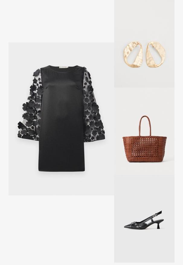 Juoda suknelė su lygiu siluetu ir permatomi rankovėmis puoštais sluoksniuotomis gėlių aplikacijomis. Apvalus iškirpimas ir laisvas siluetas.; Juodas odinis slingback tipo batai su smailiu priekiniu atvartu, dekoratyvinėmis sagtimis su metaliniais akyčiais ir žemu blokiniu kulnu. Saldus paviršius.; Audinė ruda totes krepšys su atviru raštu, stačiakampio formos ir dviem pintomis rankenomis. Turi tvirtą pagrindą, kad būtų paremta.; Nedidelis nereguliarus ovalo formos aukso tono metalinių auskarų pora su tekstūruota, šiek tiek kalta paviršiumi ant balto fono.