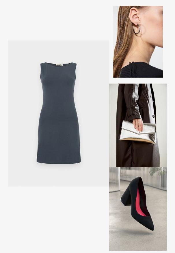 Tamsiai pilka be rankovių suknelė, pagaminta iš lygaus audinio. Suknelė turi prigludusią siluetą su šiek tiek A formos kirpimu ir apvaliu iškirpimu.; Juoda aukštakulnė bateliai su aštriu priekeliu ir tekstūruotu viršumi. Viduje ryškiai rožinė pamušalas. Kvadratinis kulnas su metaliniu akcentu pado pagrinde.; Sidabrinis metalinis rankinukas su kampuota vokų forma, sklandžiu paviršiumi ir kontrastinga vidine spalva, laikomas rankoje, apsirengusioje juoda striuke.; Sidabrinė lankinė auskarai su poliruotu paviršiumi, turintys mažus auksinius akcentus ir apvalią formą, dėvimi ant ausies kaušelio.