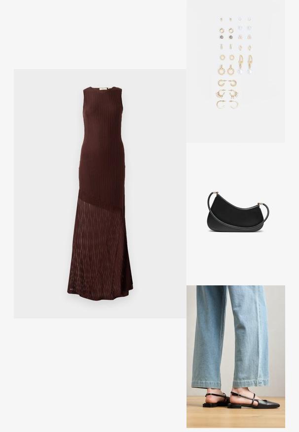 Abito in maglia marrone con design senza maniche, caratterizzato da una texture a coste e un pannello inferiore trasparente e decorato, che arriva fino alla caviglia.; Scarpe slingback in pelle nera con punta affusolata, tacco piatto e cinturino alla caviglia; indossate con jeans a gamba larga blu chiaro.; Borsa a tracolla nera in pelle con un design curvo, dotata di una tracolla texturizzata e hardware dorato sulla chiusura superiore. Finitura liscia.; Set di orecchini in tonalità oro che presentano vari design, tra cui cerchi, orecchini a perno e pezzi pendenti con perle e strass.