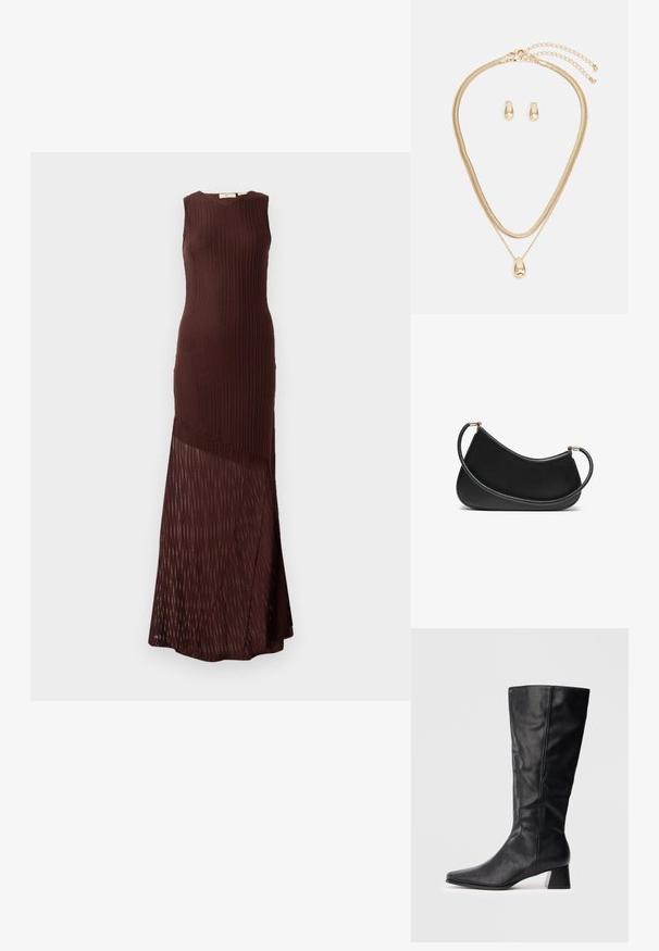 Robe en tricot marron, sans manches, avec une texture côtelée et un bas en maille transparent à motifs, tombant jusqu'à la cheville.; Botte en cuir noire mi-mollet avec un bout pointu et un talon bloc sur fond clair.; Sac à bandoulière en cuir noir au design arrondi, doté d'une bandoulière texturée et de ferrures dorées au niveau de la fermeture supérieure. Fini lisse.; Ensemble de bijoux en or comprenant un collier superposé avec un pendentif en forme de goutte et des boucles d'oreilles créoles assorties, le tout avec une finition polie.