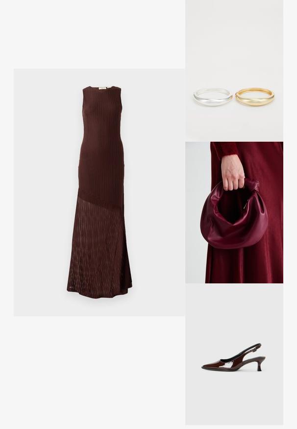 Brown knitted dress with a sleeveless design, featuring a ribbed texture and a sheer, patterned bottom panel, falling to ankle length.; Brown patent leather slingback shoe with a pointed toe and a moderate heel. Features a buckle strap for secure fit. Smooth texture.; Burgundy leather handbag with a soft, gathered design and a rounded shape. The handle is secured, showcasing a smooth texture.; Zign 2 PACK - Bracelet - gold-coloured/silver-coloured