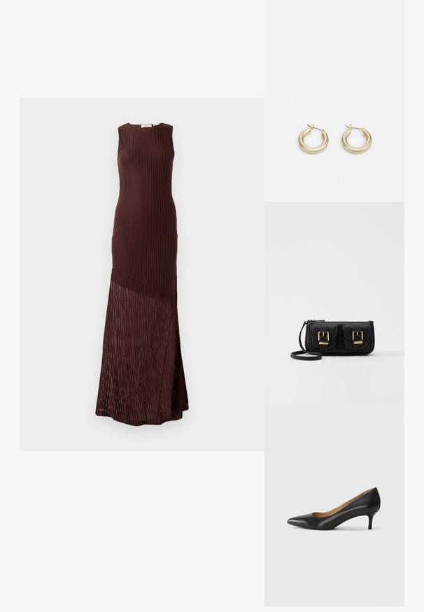Braun gestricktes Kleid mit ärmellosem Design, das eine gerippte Textur und ein durchsichtiges, gemustertes Unterteil aufweist, das bis zum Knöchel reicht.; Schwarzer Lederpumps mit spitzem Zehenbereich, niedrigem Absatz und glatter Textur. Verfügt über eine leichte Öffnung an der Vorderseite und minimale Beschläge an der Rückseite.; Schwarze Leder-Umhängetasche mit zwei vorderen Taschen, goldenen Schnallen, Reißverschluss und einem schmalen Tragegurt. Texturierte Oberfläche und kompakte rechteckige Form.; Lauren Ralph Lauren BASIC SMALL HOOP - Ohrringe - gold-coloured