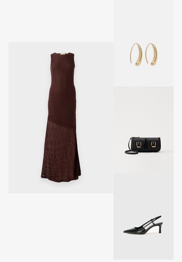 Brązowa dzianinowa sukienka bez rękawów, z prążkowaną teksturą i przezroczystym, wzorzystym dolnym panelem, sięgająca do kostek.; Czarne lakierowane czółenka na obcasie typu slingback z wąskim noskiem, z teksturowanym wzorem wężowym, regulowanym paskiem oraz krótkim, teksturowanym obcasem w kształcie słupka.; Czarna skórzana torba na ramię z dwoma przednimi kieszeniami, złotymi klamrami, zamkiem błyskawicznym i cienkim paskiem. Teksturowana powierzchnia i kompaktowy prostokątny kształt.; Złote metalowe kolczyki w kształcie obręczy o zakrzywionym, wydłużonym kształcie. Posiadają gładką, błyszczącą powierzchnię oraz zaokrąglony koniec dla dodatkowego efektu.