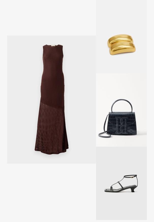 Rochie tricotată maro cu un design fără mâneci, având o textură în relief și un panel inferior transparent, cu modele, care se termină până la gleznă.; Sandelă din piele neagră cu vârf pătrat, curele subțiri, curea ajustabilă la gleznă și toc mic. Prezintă un mic accent auriu pe curea.; Geantă din piele cu model de crocodil negru, cu un design structurat, mână superioară, curea ajustabilă și un detaliu proeminent cu logo pe față.; Agățătoare pentru păr din metal de culoare aurie cu un design neted și rotunjit. Suprafața este reflectorizantă, având o formă curbată și unită, fără alte ornamente.