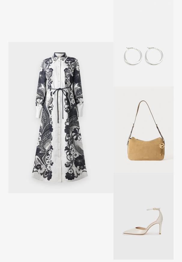 Hosszú, gombos ruha könnyű anyagból. Főként fehér, bonyolult sötétkék virág- és paisley mintákkal. Megkötős derékrész.; Fehér bőr, magassarkú cipő hegyes orral, bokapánttal és vékony tűs sarkal. Simaszövet, finom fényes felülettel.; Barna velúr válltáska ívelt formával, arany színű fémrészekkel és cipzáras záródással. Tartalmaz egy csatolt díszt, amelyen az "MK" monogram található.; A ezüst karika fülbevalók sima, lekerekített formájúak, vékony profilúak és biztonságos zárással rendelkeznek. Minimalista stílus, fényes befejezéssel.