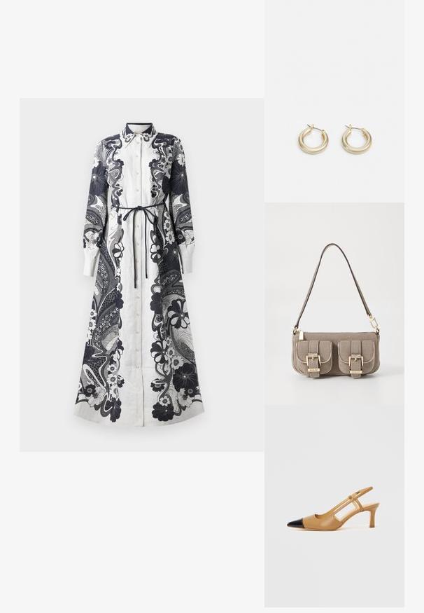 Dlhé, zapínané šaty vyrobené z ľahkej látky. Predovšetkým biele s zložitými námorníckymi kvetinovými a paisley vzormi. Detaily viazania v páse.; Béžové lodičky so slingback remienkom, špičkou v čiernej farbe s výrezmi na bokoch a stredne vysokým robustným podpätkom. Vyrobené z hladkej kože.; Bežová taška s textúrou a nastaviteľným popruhom, dve predné vrecká zabezpečené prackami a zlaté kovové prvky. Zips na vrchu.; Lauren Ralph Lauren BASIC SMALL HOOP - Náušnice - gold-coloured