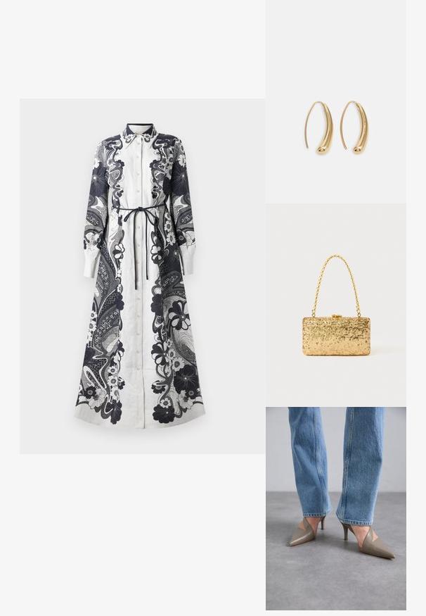 Ilgas, su mygtukais užsegamas suknelė, pagaminta iš lengvos medžiagos. Visoje suknelėje vyrauja balta spalva, puošia sudėtingi mėlynojo gėlių ir paisley raštai. Suknelė turi surištą juosmens detalę.; Pilkos smailianosios kulniukinės bateliai su V formos iškirptėmis, turintys ploną stiletą. Dėvimi su šviesiai mėlynomis tiesiomis džinsomis.; Auksinė blizgučių rankinė, stačiakampio formos, su susuktos grandinėlės rankena ir metaliniu užsegimu, atspindinti šviesą su tekstūruotu paviršiumi.; Auksinės metalinės auskarų kabės su lenktą, pailgą forma. Turi lygų, blizgantį paviršių ir užapvalintą galiuką papildomam akcentui.