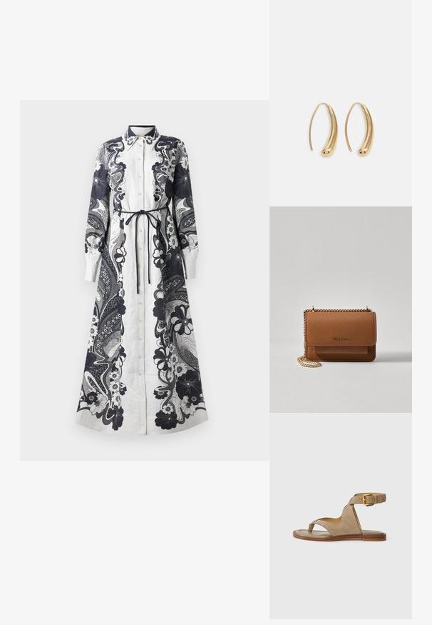 Dlouhé, košilové šaty vyrobené z lehkého materiálu. Přednostně bílé s jemnými námořnickými květinovými a paisley vzory. Detaily vázání v pase.; Krémová semišová sandála s prstovým poutkem, otevřenými stranami a širokým kotníkovým páskem se zlatou sponou. Plná hnědá podrážka s mírným okrajem.; Hnědá texturovaná kožená kabelka přes rameno se zlatým řetízkovým popruhem a klopnovým uzavíráním. Přední strana obsahuje detail loga a kapsu pod klopou.; Náušnice ve tvaru kruhu z pozlaceného kovu s vroubkovaným, prodlouženým tvarem. Mají hladký, lesklý povrch a zaoblený konec pro zvýraznění detailu.