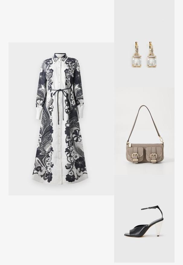 Langes, knöpfbares Kleid aus leichtem Stoff. Überwiegend weiß mit kunstvollen navy Blumen- und Paisleymustern. Mit gewickeltem Taillendetail.; Schwarze Leder-Hochzehen-Sandale mit offener Zehe, asymmetrischem Design, Knöchelriemen und metallic kegelförmigem Absatz. Glatte Textur über das gesamte Produkt.; Beige strukturiertes Handtäschchen mit verstellbarem Tragegurt, zwei vorderen Taschen, die mit Schnallen gesichert sind, und goldenen Metallakzenten. Reißverschlussöffnung oben.; Ohrringe in Goldfarbe mit einem rechteckigen, durchsichtigen Kristall, der unter einer Reihe kleiner, runder klarer Akzente hängt. Elegantes, modernes Design.