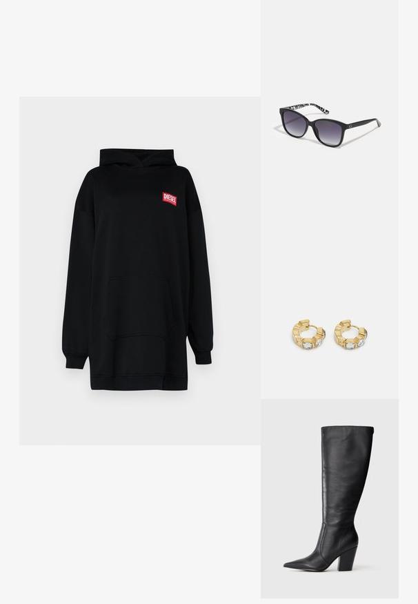 Černá oversized mikina vyrobená z teplákoviny, s přední kapsou, žebrovanými manžetami a červeným logem "Diesel" na hrudi.; Černá kožená vysoká bota po kolena s špičatou špičkou a robustním vysokým podpatkem, zobrazená v levém bočním profilu na bílém pozadí.; Černé sluneční brýle s gradientními čočkami, čtvercového tvaru a texturovanými černobílými vzorovanými stranami. Obsahují stříbrné logo jako ozdobu.; Zlaté kruhové náušnice s texturovaným designem a třemi jasnými krystalovými akcenty na jedné straně, které nabízejí moderní geometrickou estetiku.