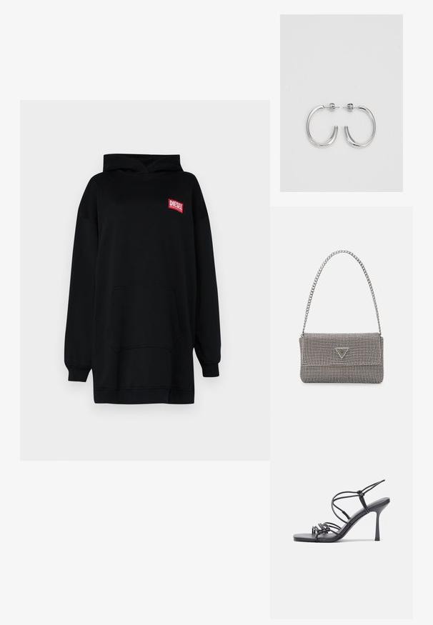 Hanorac negru supradimensionat, din țesătură de tip sweatshirt, având o buzunar frontal, manșete strâmte și un logo roșu "Diesel" pe piept.; Sandale negre cu toc înalt au curele subțiri cu un design legat, un vârf pătrat neted și un toc stiletto elegant.; Geantă metalică gri deschis, cu un strap din lanț, decorată cu mici ținte circulare metalice și un logo de marcă triangular.; Cercei creole din argint cu suprafață netedă și lucioasă, având o formă curbată și închidere cu tija. Design minimalist cu un finisaj modern.