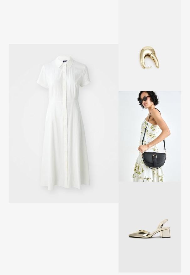 Biele šaty s krátkym rukávom a golierovým výstrihom, s predným zapínaním na gombíky a tvarom do A. Vyrobené z ľahkej, textúrovanej tkaniny.; Zlaté kovové lodičky na podpätku so špicatou špičkou a robustným podpätkom. Hladký povrch, minimalistický dizajn a úzka remienok.; Čierna kožená kabelka s zaobleným tvarom, odnímateľným popruhom a zlatými doplnkami. Kabelka má klopu s detailom s prackou.; Náušnice z kovu v zlatej farbe s elegantným, zakriveným dizajnom. Majú charakteristický špicatý tvar, leštený povrch a uzáver na pánt.