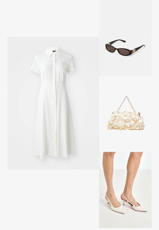 Biała sukienka z krótkim rękawem, z kołnierzykiem, z przodu zapinana na guziki oraz w kształcie litery A. Wykonana z lekkiej, strukturalnej tkaniny.; Beżowe lakierowane szpilki z odkrytą piętą, zakończone spiczastym noskiem i 5 cm obcasem, z wyciętymi bokami oraz cienkim paskiem na kostce.; Słoneczne okulary w kolorze żółwi z wydłużonymi owalnymi soczewkami, brązowym odcieniem, złotymi akcentami logo na zausznikach oraz smukłymi czarnymi ramionami.; Biała torebka kwiatowa z marszczoną powierzchnią z tkaniny, złotą łańcuszkową rączką i metalowym zapięciem. Posiada teksturowane płatki jako dodatkowy detal.