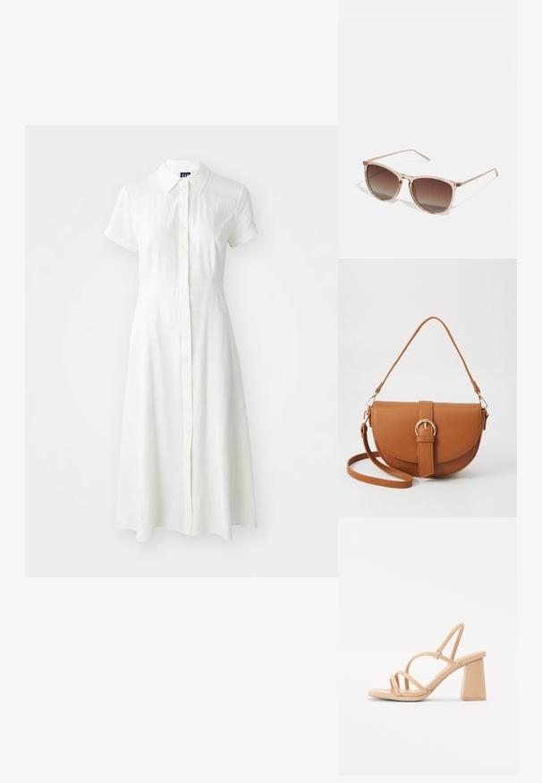 Valge, lühikeste varrukatega kleit, millel on kaelus, nööpidega esiosa ja A-line kujundus. Valmistatud kerge, tekstureeritud kangast.; Nude värvi kõrge kontsaga sandaalid, millel on ruudukujuline plokk-konts, õhukesed rihmad ja sile, läikiv viimistlus. Lihtne disain koos rihmadega ülaservas.; Prunade gradientiga prillid koos poolka sellest roosast raamistikust, ruudukujulised ning õhukeste metallist kätega. Omab ümarate servadega ja minimaalset detailide taset.; Pruun nahast õlakott, millel on kumer kuju, kullavärvi riistvara ja pandlaga kaunistus. Omab eemaldatavat õlarihma.