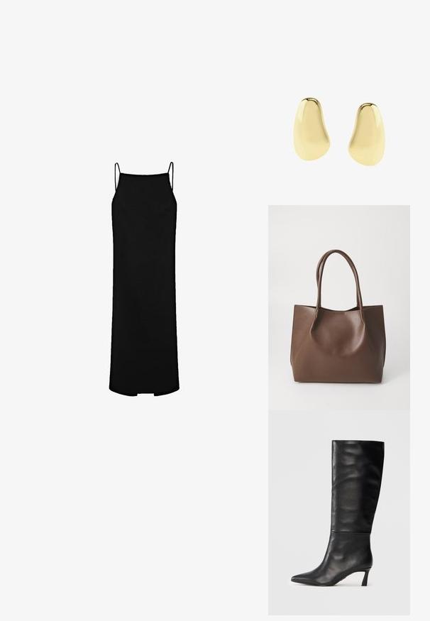 Zwarte slipdress met dunne bandjes, rechte snit en een zoom tot op de knieën. Gemaakt van een zachte stof met minimale naden en zonder patroons.; Zwarte leren kniehoge laars met een puntige neus en een slanke hak. Gladde textuur met een naadloos ontwerp en een gepolijste afwerking.; Bruine leren tote bag met twee lange handvatten, gestructureerde vorm, gladde textuur en minimalistisch design. Geen zichtbare hardware of accenten.; Asymmetrische, gladde, glanzende gouden studoorbellen met onregelmatige, ronde vormen op een witte achtergrond.