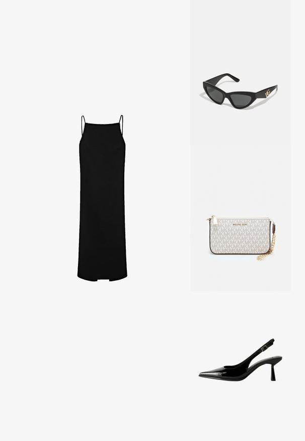 Schwarzes Slipkleid mit dünnen Trägern, geradem Schnitt und knielanger Saumlänge. Hergestellt aus glattem Stoff mit minimalen Nähten und ohne Muster.; Schwarze Lackleder Slingback-Pumps mit spitzem Zeh, ausgeschnittenen Seiten, verstellbarem Knöchelriemen und einem dünnen, eleganten Absatz.; Cat-Eye-Sonnenbrille mit mattem schwarzen Kunststoffrahmen, dunklen Gläsern und einem goldenen Logoplatz auf dem Bügel. Winkeliges Design und glatte Oberfläche.; Michael Kors Clutch in beige beschichtetem Canvas mit einem wiederholten MK-Logo-Muster, goldfarbener hardware und einem abnehmbaren Kettenriemen.