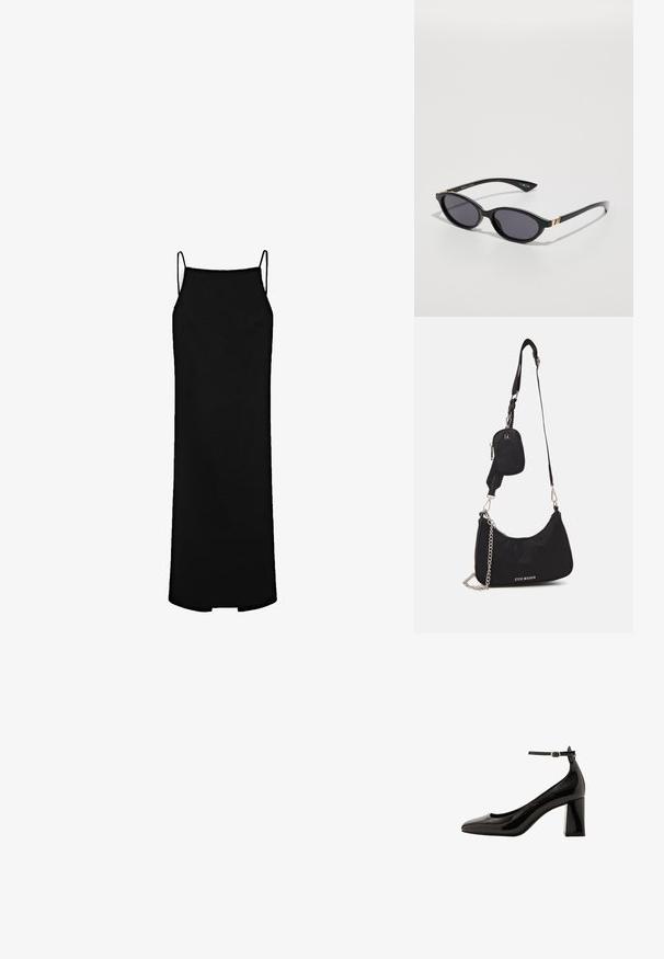 Sort slipdress med tynde stropper, lige snit og knælængde. Fremstillet af glat stof med minimale syninger og uden mønstre.; Sorte patentlæder ankelstroppumpe med en blank finish, spidse tå og en tykk blokhæl. Glat tekstur, minimal udsmykning.; Sorte solbriller med ovale linser, mørk gradienttint og slanke arme med diskrete guldkant. Glat plastikfinish.; Blødt, strikket cremehvidt tørklæde, løs foldet i toppen med begge ender hængende lige ned.; Sort nylon skuldertaske med en buet form, sølvfarvet kædeaccent, aftagelig mini-pung og justerbar rem; prydet med "Steve Madden" logo.