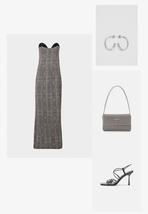 Vestido longo sem alças com corpo ajustado, apresentando um padrão abstrato de réptil em preto e branco e decote coração.; As sandálias de salto alto pretas apresentam tiras finas com um design em nó, uma biqueira quadrada lisa e um elegante salto agulha.; Bolsa metálica cinza claro com uma alça de corrente, adornada com pequenos rebites metálicos circulares e um logótipo triangular da marca.; Brincos de argola prateados com um acabamento suave e brilhante. Forma arredondada, design leve, com fecho de pino.