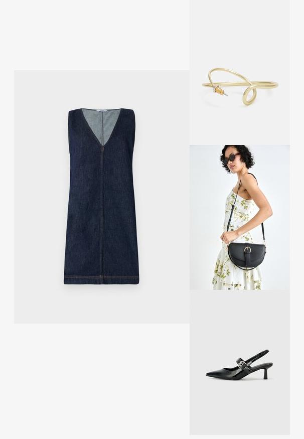 Denim obleka brez rokavov, temno modra, V-izrez, sprednji zadrga, minimalni šivi, ravna silhueta, gladka tekstura.; Črne patent usnjene slingback pete s koničastim nosom in majhnim blok peto, ki vključujejo srebrno zaponko na traku.; Črna usnjena torbica s ukrivljeno obliko, z odstranljivo naramnico in zlatimi dodatki. Torbica ima pokrov s podrobnostmi v obliki zaponke.; Zlato obarvan kovinski zapestnica s tekočim, ukrivljenim dizajnom. Ima majhen, izstopajoč srebrn poudarek na enem koncu.