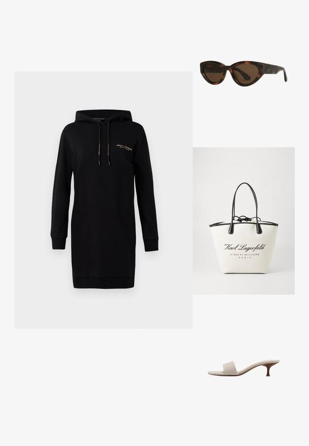Crna dukserica haljina s kapuljačom. Izrađena od mekog materijala. Ima duge rukave, rebraste manžetne i mali zlatni logo na prsima.; Sandal bez pete s bež gornjom tkaninom od pletenog materijala, otvorenom petom i zakrivljenim drvenim srednjim džonom. Dizajn se odlikuje glatkom teksturom i minimalističkim oblikom.; Mačkaste sunčane naočale u obliku mačjih očiju s smešnim lećama, imaju glatke, sjajne plastične okvire i elegantan dizajn. Nema vidljivih logotipa ili akcenta.; Platnena torba u krem boji s crnim kožnim detaljima, koja ima zatvaranje na vezicu i ispisani logotip. Glatka tekstura i strukturirani oblik.