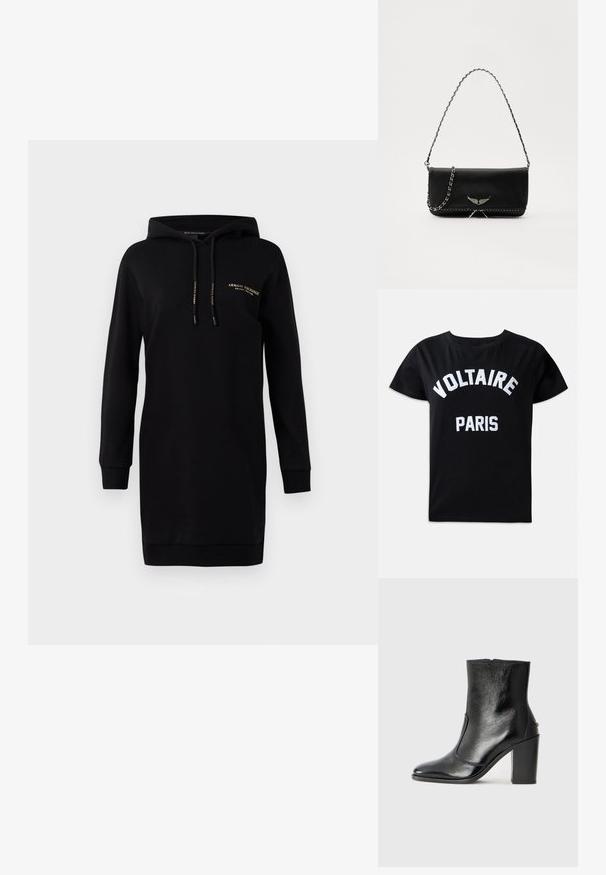 Svart sweatshirtklänning med huva. Tillverkad av mjukt material. Har lång ärm, ribbade manschetter och en liten guldlogotyp på bröstet.; Svart bomull t-shirt med vit broderad text som säger "VOLTAIRE PARIS" i ett fetstiligt typsnitt, rund hals och korta ärmar.; Svart läderankelboot med en slät yta, spetsig tå och en kraftig hög klack. Har en sidöppning och ett minimalistiskt design.; Svart läderhandväska med en silverkedja, prydd med dekorativa vingdetaljer och vit sömnad längs den nedre sömmen.