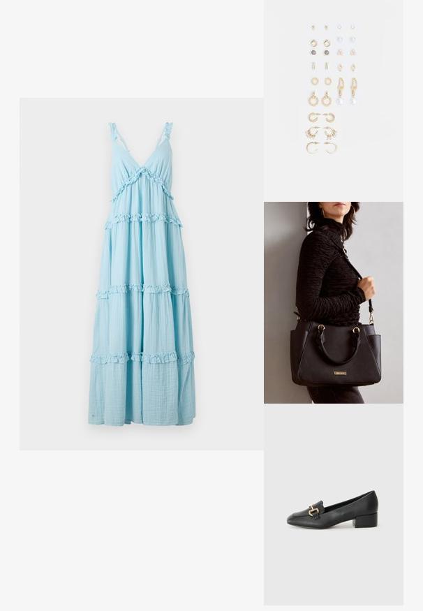Lys blå, lagdelt maxikjole laget av myk stoff med volanger og justerbare skulderstropper. Har V-hals og flytende design.; Sorte skinnloafers med flat hæl, med dekorativ detalj i gull foran og en jevn tekstur.; Svart håndveske med teksturert overflate, doble topphåndtak og justerbar skulderrem. Har detaljer i gulltone og sidelommer.; Sett med gullfargede øredobber med ulike design, inkludert stikkere, hoops og hengende deler med perler og rhinestones.
