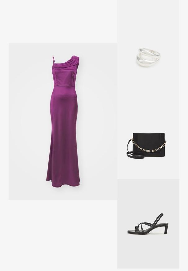 Vienas pleca, grīdas garuma kleita bagātā purpura satīnā. Iezīmēta ar drapējumu uz pleca un pieguļošu krūšu daļu, kas nodrošina slaidu siluetu.; Melnas strappy sandales ar kvadrātveida purngaliem un zemu bloku papēdi. Ievērojamas ar vairākiem plāniem siksniņām un regulējamu potītes siksniņu. Izgatavotas no gludas ādas.; Melna ādas crossbody soma ar gludu faktūru, taisnstūrveida formu un metalizētu ķēdes detaļu priekšā. Iekļauta regulējama siksna.; Sudraba divu joslu gredzens ar gludu, pulētu virsmu. Iezīmējas ar plūstošu, izliekta dizaina struktūru ar pārklājošām sekcijām modernam izskatam.