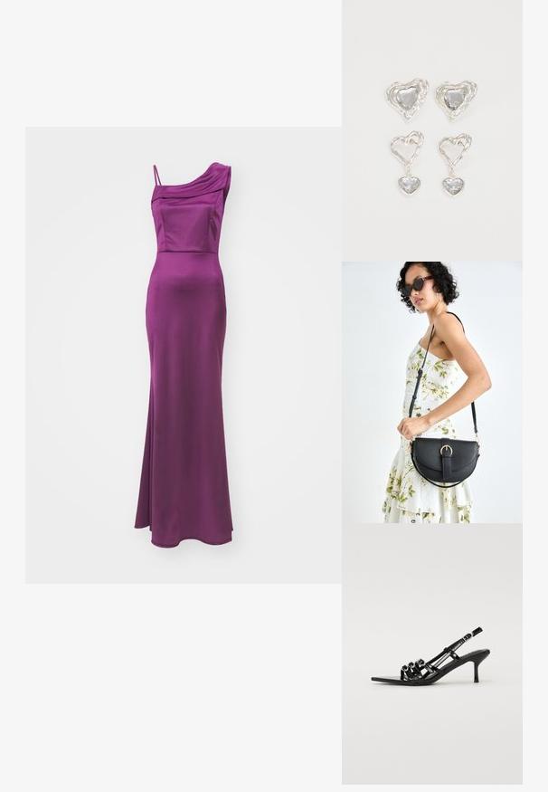 Ühe õlavarrega, põrandapikkune kleit rikaste lilla satiinist. Omab drapeeritud detaili õlal ja sobivat bodi, et luua voolujooneline siluett.; Must mustaga kõrge kontsaga kingad, millel on terav nina, mitme kitsas rihmaga ja ringjate aksessuaaridega esiküljel.; Mustmust mustraha kõverate joontega, eemaldatava rihmaga ja kuldsete detailidega. Kotil on klapp, millel on pandladetail.; Hõbedased südamekujulised kõrvarõngad on kaunistatud lõhikute ja selgete kividega ning neil on tekstureeritud raam. Komplekti kuuluvad kõrvarõngad nupud ja rippuvad mudelid.