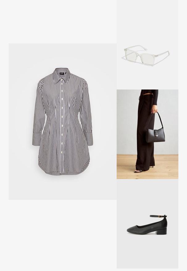 Camisa de botões riscada com riscas verticais castanhas escuras e brancas, mangas longas e colarinho, apresentando um corte ajustado e bainha curva.; Sandal de pele preta com bico pontiagudo e um salto bloco baixo. Apresenta uma tira no tornozelo com uma fivela em tom dourado. Textura suave.; Óculos quadrados de plástico transparente com lentes translúcidas, apresentando detalhes em dourado nas hastes.; Bolsa preta com forma estruturada, textura suave e um fecho metálico. Combinada com calças largas pretas e sandálias de salto aberto sobre um chão de madeira.