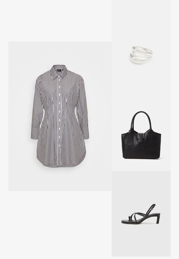 Svītraina pogas krekls ar tumši brūnām un baltām vertikālām svītrām, garām piedurknēm un apkakli, ar pielāgotu fit un izliekto apakšmala.; Melnas strappy sandales ar kvadrātveida purngaliem un zemu bloku papēdi. Ievērojamas ar vairākiem plāniem siksniņām un regulējamu potītes siksniņu. Izgatavotas no gludas ādas.; Melnas ādas somiņa ar gludu tekstūru, strukturētu formu, divām rokturām un izteiktu sudraba sprādzi priekšpusē.; Sudraba divu joslu gredzens ar gludu, pulētu virsmu. Iezīmējas ar plūstošu, izliekta dizaina struktūru ar pārklājošām sekcijām modernam izskatam.