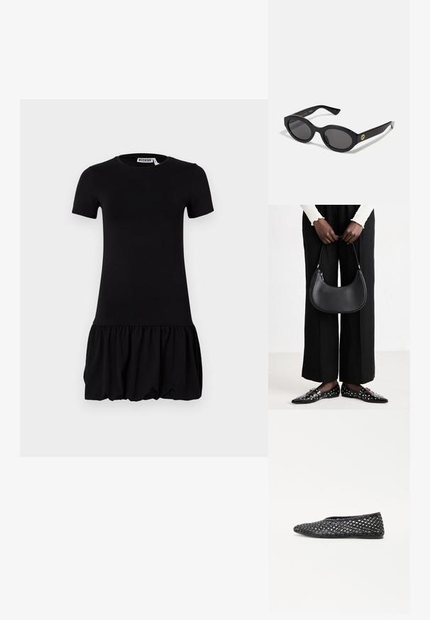 Black short-sleeve dress featuring a fitted bodice and a gathered, flared skirt. Soft material with a smooth texture and a round neckline.; Black woven slip-on shoe with a lattice design, flat sole, and smooth rubber material, providing breathability and flexibility.; Black oval sunglasses with dark lenses and glossy plastic frame. Features gold logo on the temple, offering a sleek and modern design.; Black leather shoulder bag with a rounded shape, glossy finish, and silver hardware. Person wearing black wide-leg pants and studded loafers.
