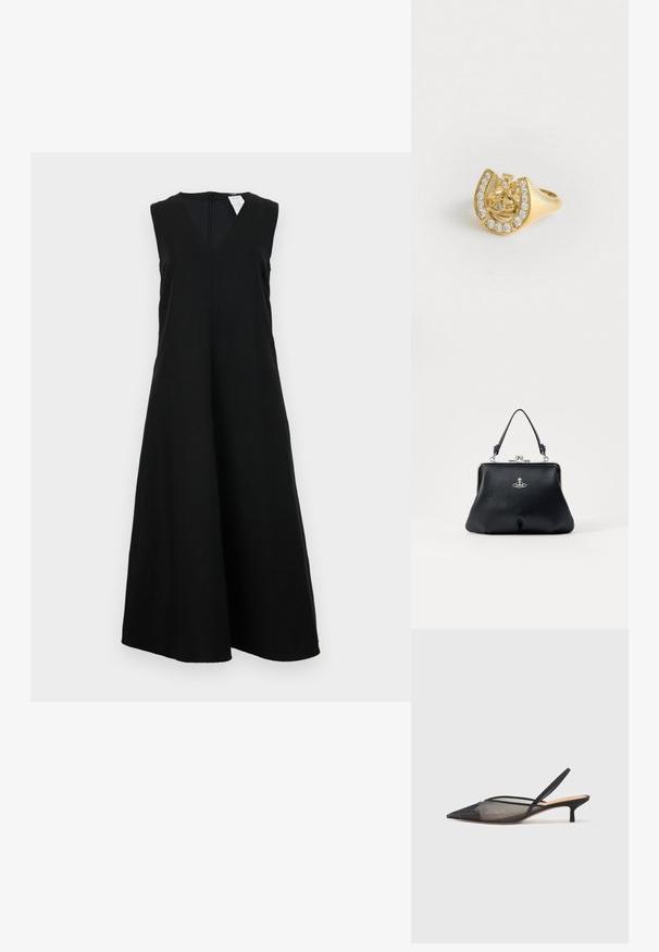 Robe noire sans manches avec décolleté en V, coupe décontractée et jupe ample. Le tissu semble lisse sans motifs ni accents visibles.; NEOUS IRENA - Escarpins - black; Sac à main en cuir noir avec une surface texturée, accessoires en acier inoxydable, fermeture à cliquet et une courte anse pour le porter. Design compact et structuré.; Bague en or avec un design de couronne à l'intérieur d'un fer à cheval, décorée de petites pierres précieuses claires, sur un fond blanc.