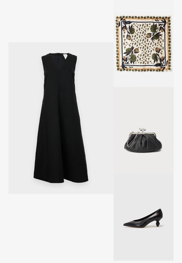Vestito nero senza maniche con scollatura a V, vestibilità comoda e gonna ampia. Il tessuto appare liscio senza motivi o dettagli visibili.; Scarpa con tacco alto in pelle nera, con punta affilata e tacco arrotondato e bombato. Texture liscia con un design elegante e minimalista.; Foulard in seta con sfondo crema e motivi floreali in verde e arancione. Incorniciato da un bordo decorato con dettagli verdi.; Clutch in pelle nera con texture arricciata, cornice in metallo color argento, chiusura a scatto e tracolla a catena. Superficie liscia e morbida.