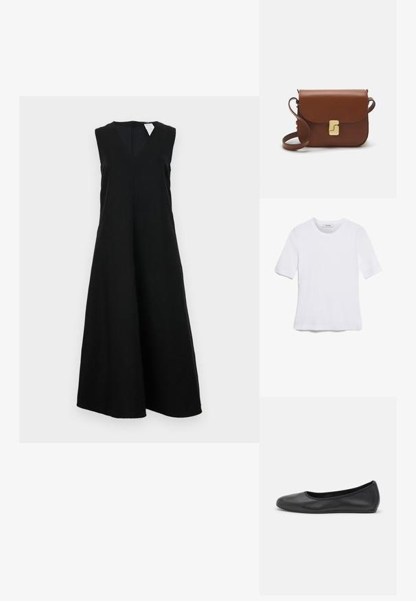 Černé bezramenné šaty s výstřihem do V, volným střihem a plnou sukní. Tkanina vypadá hladce, bez viditelných vzorů či akcentů.; Bílá tričko s krátkým rukávem vyrobené z žebrované tkaniny. Kulatý výstřih, normální střih a jemné detaily šití. Bez vzorů nebo grafik.; Černé kožené baletní byty s kulatou špičkou, hladkou texturou, minimálními švy a flexibilním designem podrážky.; Hnědá kožená kabelka s klopou, zlatými kovovými detaily, ramenním popruhem a hladkým povrchem. Kompaktní obdélníkový tvar.