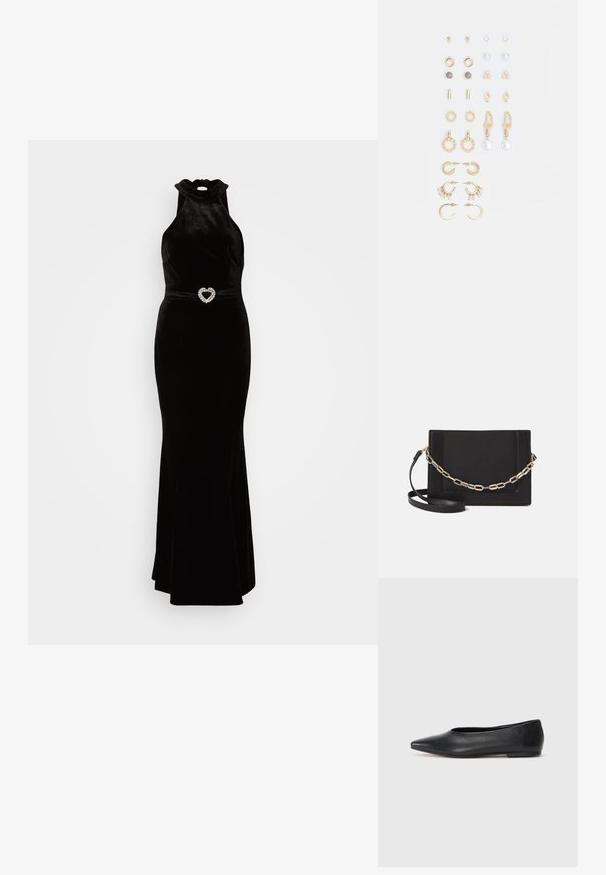 Mustaksi sametista tehty mekko korkealla kaula-aukolla ja tiukalla siluetilla, jossa on sydämen muotoinen strassivyöyksikkö. Sileä rakenne.; Musta nahkainen ballerinatyyppinen kenkä, terävä kärki, minimalinen muotoilu, sileä pinta, matala korko, ei näkyvää metalliosaa tai koristeita.; Musta nahkainen olkalaukku, jossa on sileä pinta, suorakulmainen muoto ja metalliketju yksityiskohtana edessä. Mukana säädettävä hihna.; Kultasetti kultaisenvärisiä korvakoruja, jotka sisältävät erilaisia muotoiluita, kuten nappikorviksia, rengaskorviksia ja roikkuvia korviksia, joissa on helmiä ja strasseja.