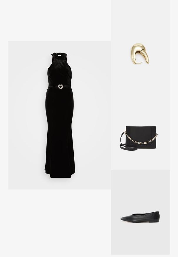 Mustmust kleit kõrge kaelusega ja sobiva siluetiga, millel on südamekujuline särav kivi vöödetail. Sile tekstuur.; Musthave mustris balletkingad, terav nina, minimaliseeritud disain, sile pind, madal konts, ilma nähtava riistvara või kaunistusteta.; Mustast nahast õlakott, mis omab siledat tekstuuri, ristküliku kuju ning esiküljel metallketi detaili. Reguleeritav rihm on kaasas.; Kuldtooni metallist kõrvarõngas, millel on elegantne ja kaarjas disain. Omab silmapaistvat teravat kuju, poleeritud pinda ja hingesulgemist.