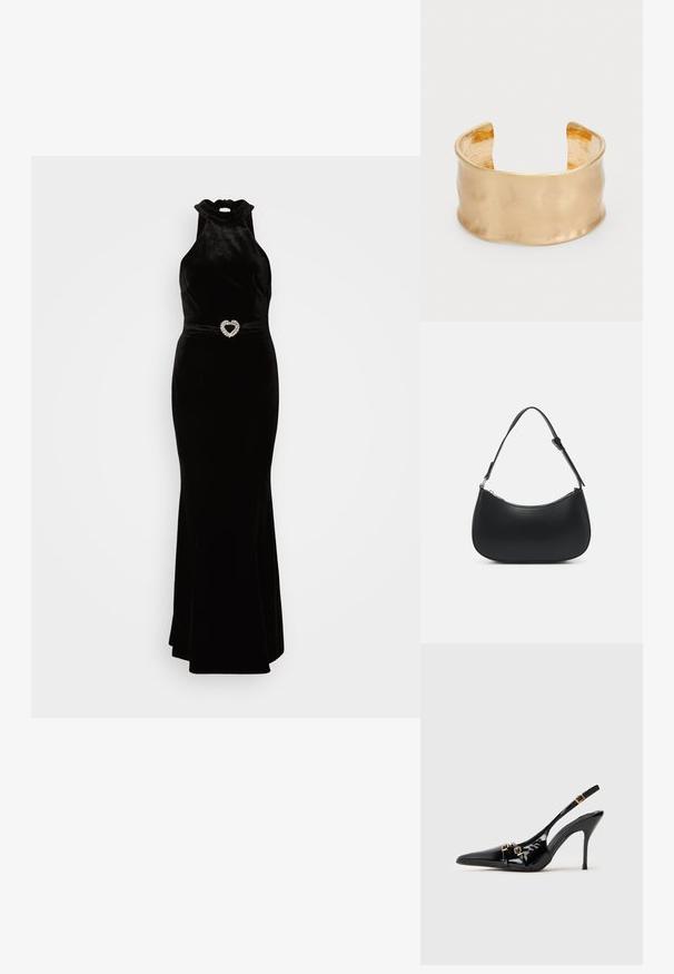 Černé sametové šaty s vysokým halter krkem a upnutou siluetou, s detailem opasku ve tvaru srdce zdobeného kamínky. Hladká textura.; Černé lakované vysoké podpatky s odhalenou patou, špičatou špičkou, zlatými kovovými akcenty a elegantním designem.; Pieces PCALUANA SHOULDER BAG - Kabelka - black; Náramek na zápěstí v zlatém tónu se hladkým, vlnitým povrchem, s texturovaným vnitřkem a otevřeným designem, vytvářející organický tvar.