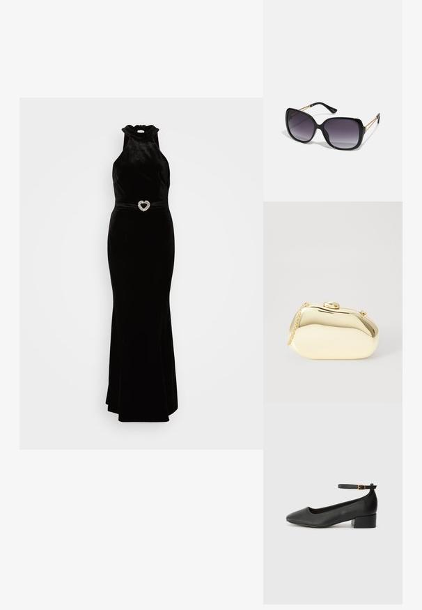 Čierne zamatové šaty s vysokým halter výstrihom a priliehavou siluetou, s detailom opasku v tvare srdca ozdobeným kryštáľmi. Hladká textúra.; Čierne kožené lodičky s špicatou špičkou a nízkym blokovým podpätkom. Obsahuje remienok okolo členka so zlatým prackou. Hladký povrch.; Čierne oversized slnečné okuliare s gradientovými sklíčkami, hrubými rámami a zlatým retiazkovým detailom na stranách.; Kovová zlatá kabelka s hladkým, zaobleným tvarom, ktorá má horné zapínanie na gombík a malý reťazový popruh na nosenie.