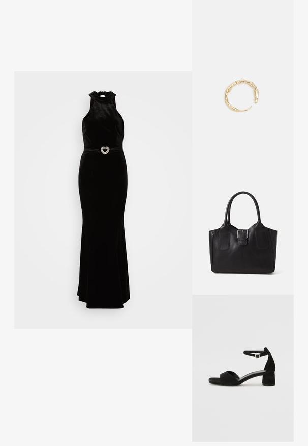 Juodas aksominis suknelė su aukštu apykakle ir prigludusia siluetu, kuri turi širdies formos deimantų diržo detalę. Lygus paviršius.; Juodos aksominės basutės su plona kulkšnies juosta, atvira pirštų dalimi ir nedideliu blokuotų kulniukų. Lygus paviršius ir minimalūs akcentai.; Juodas odinis nešiojamas krepšys su lygiu paviršiumi, struktūrine forma, dviem rankenėlėmis ir ryškiu sidabriniu sagties akcentu priekyje.; Auksinės spalvos žiedas, turintis organišką, sukimosi dizainą su lygiu paviršiumi ir siaurėjančiais galais, sukuriantis modernią skulptūrinę išvaizdą.