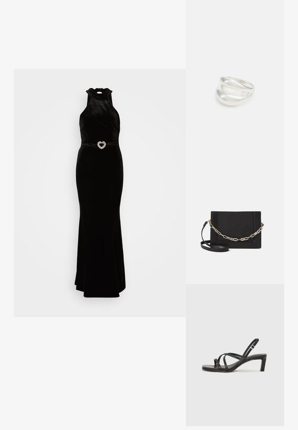Črna žametna obleka z visokim halter izrezom in oprijetim silhueto, ki vključuje podrobnost iz rhinestones v obliki srca. Gladka tekstura.; Črne natikače s trakovi in kvadratnim prstom ter nizkim blokastim peto. Imajo več tankih trakov in nastavljiv trak okoli gležnja. Narejene so iz gladkega usnja.; Črna usnjena torba čez ramo z gladko teksturo, pravokotno obliko in kovinskim verižnim detajlom spredaj. Vključena je nastavljiva naramnica.; Srebrn dvojni prstan z gladko, polirano površino. Ima tekoč, ukrivljen dizajn z prekrivajočimi se sekcijami za sodoben videz.