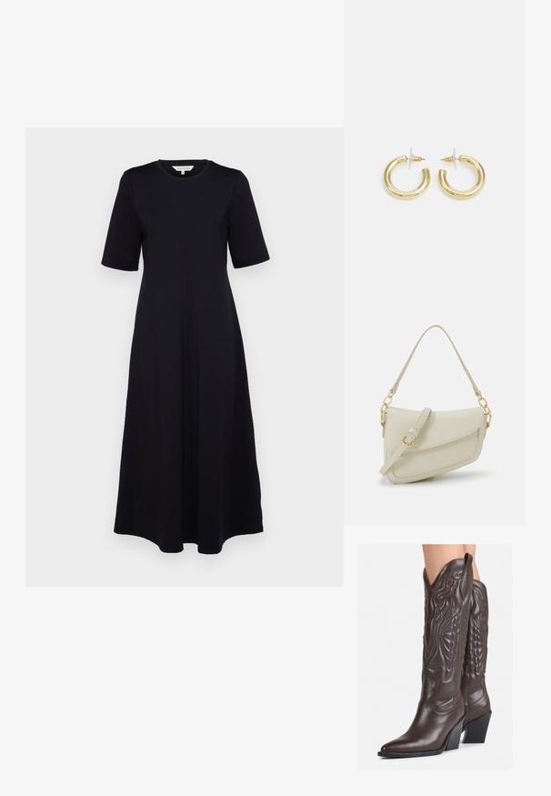 Must have lühikeste varrukatega ja ümmarguse kaelusega must kleit. Omab sobivat kehaosa ja voolavat seelikut. Valmistatud kergetest kangast.; Pruunid nahast cowboy saapad terava varbaga ja plokk-kandaga, millel on detailne tikand ja kergelt tõstetud aktsendid varrel.; Väike kreemjas käekott tekstureeritud viimistlusega, pikendatav rihm, ketiläbimõõt ja klapiga sulgemine. Kuldsed metalldetailid.; Kuldne rõngassõrmused sileda ja läikiva viimistlusega. Ringikujuline disain, millel on väike post ja selge tagumine külg, et tagada kindel kandmine.