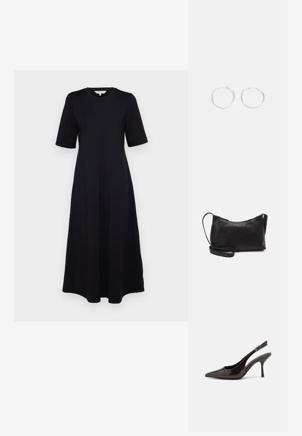 Fekete ruha rövid ujjakkal és kerek nyakkivágással. Szűkített testhez álló fazon, folyós szoknyával. Könnyű anyagból készült.; Fényes sötétbarna lakkbőr magas sarkú slingback cipő, hegyes orral, nyitott oldalakkal és állítható bokapánttal.; Fekete bőr válltáska sima felülettel, ívelt formával, állítható pánttal és cipzáras záródással. Minimalista dizájn díszítmények nélkül.; Ezüst karika fülbevalók, letisztult, kerek formával, sima felülettel és látható díszítés nélkül. A átmérő nem megadott.