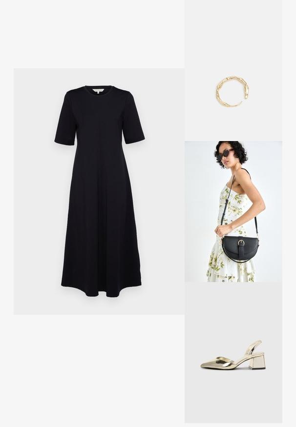 Melnas kleitas ar īsām piedurknēm un apaļu kakla izgriezumu. Ir piestiprināta jostasvieta un plūstoša svārku daļa. Izgatavota no viegla auduma.; Zeltaini, metāla kurpes ar siksniņām, norakans purngalis un masīla papēdis. Gluda tekstūra, minimālisma dizains un šaura siksna.; Melnas ādas rokassoma ar izliekta formu, noņemamu siksnu un zelta aksesuāriem. Somai ir vāciņš ar sprādzes detaļu.; Zelta toņa gredzens ar organisku, vērptu dizainu, gludu virsmu un sašaurinātiem galiem, radot mūsdienīgu, skulpturālu izskatu.