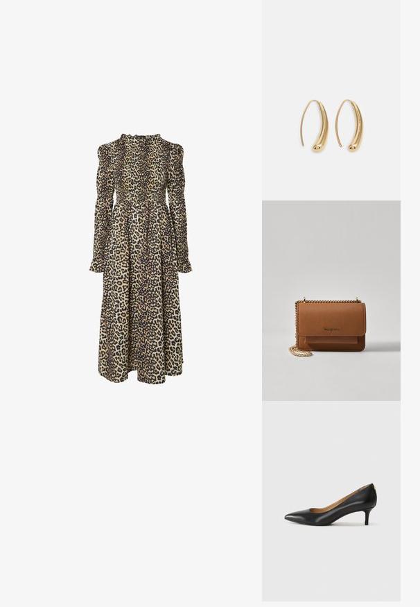 Vestido de mangas longas com padrão de leopardos, corpo franzido, gola alta e silhueta fluida. Feito de um tecido suave e leve.; Sapato de salto alto em pele preta com bico fino, salto baixo e textura suave. Apresenta uma ligeira abertura na parte da frente e mínima ferragem na parte de trás.; Bolsa crossbody de couro texturizado castanho com alça de corrente dourada e fecho com aba. A parte da frente apresenta detalhe do logótipo e um bolso sob a aba.; Brincos em metal dourado com forma de arco alongado e curvado. Apresentam uma superfície lisa e brilhante, com uma ponta arredondada para um detalhe adicional.