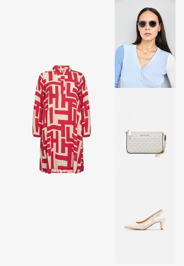 Rochie roșie și bej cu un model, guler, mâneci până la trei sferturi și desene geometrice pe întreaga țesătură.; Sandaie cu toc alb, cu vârful ascuțit, material superior neted, toc mic tip bloc și design cu decupaj lateral, cu curea ajustabilă.; Ochelari de soare rotunzi cu lentile întunecate și rame aurii. Modelul poartă un cardigan ribbed de culoare albastru deschis cu nasturi și mâneci albe în contrast.; Clutch Michael Kors din canva acoperit bej, cu un model repetitiv al logo-ului MK, accesorii din aur și o curea cu lanț detașabil.